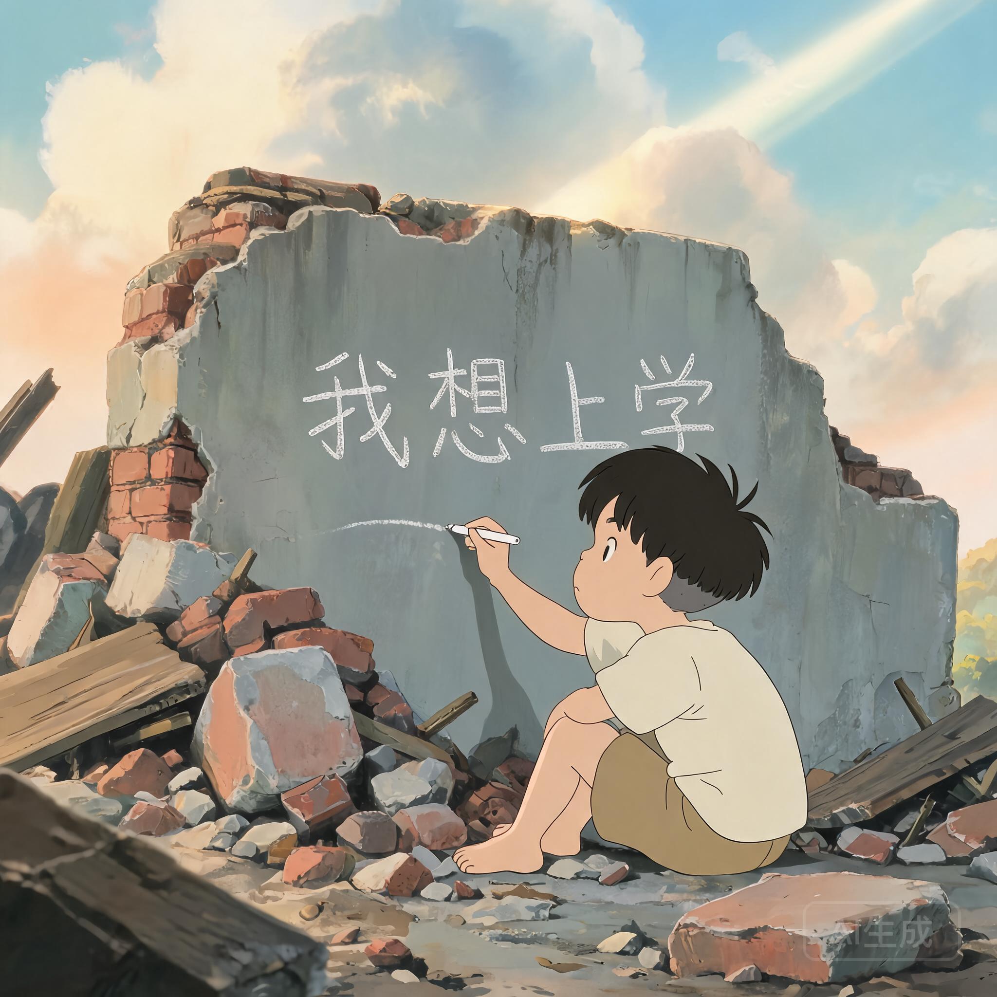 废墟中写字的男孩