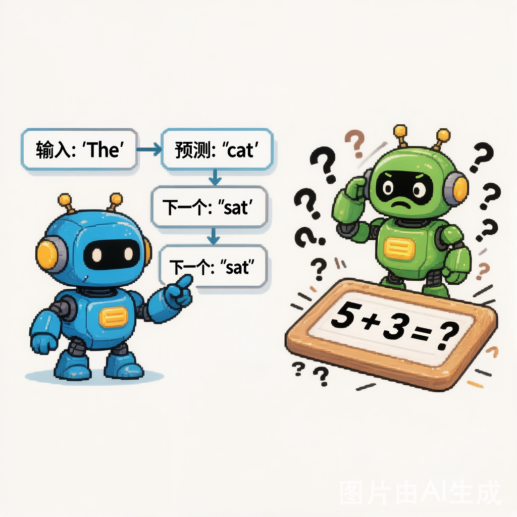 图解:AI预测下一个词 vs 做数学计算,对比卡通信息图